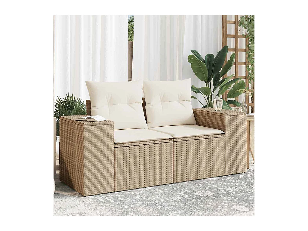 Tuinbank 2-zits met kussens poly rattan beige