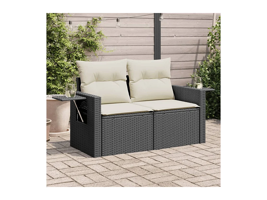 Divano da Giardino con Cuscini a 2 Posti Nero in Polyrattan