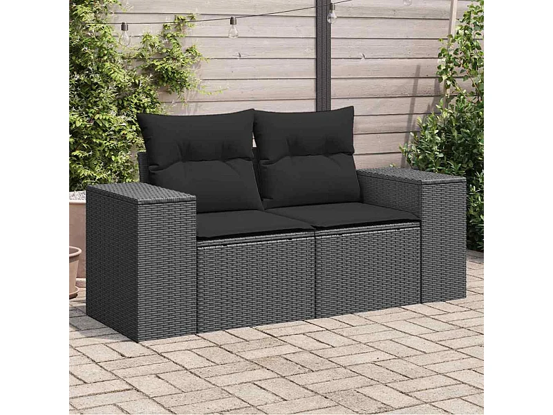 Gartensofa mit Kissen 2-Sitzer Schwarz Poly Rattan