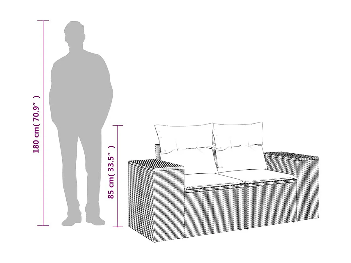 Gartensofa mit Kissen 2-Sitzer Schwarz Poly Rattan