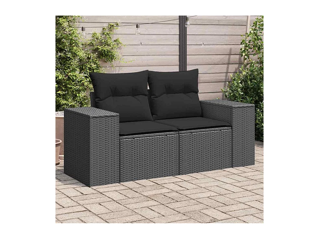 Divano da Giardino con Cuscini a 2 Posti Nero in Polyrattan
