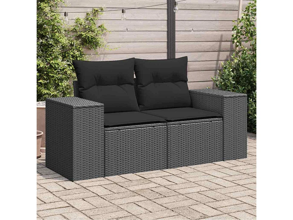 Canapé de jardin avec coussins 2 places en polyrotin noir