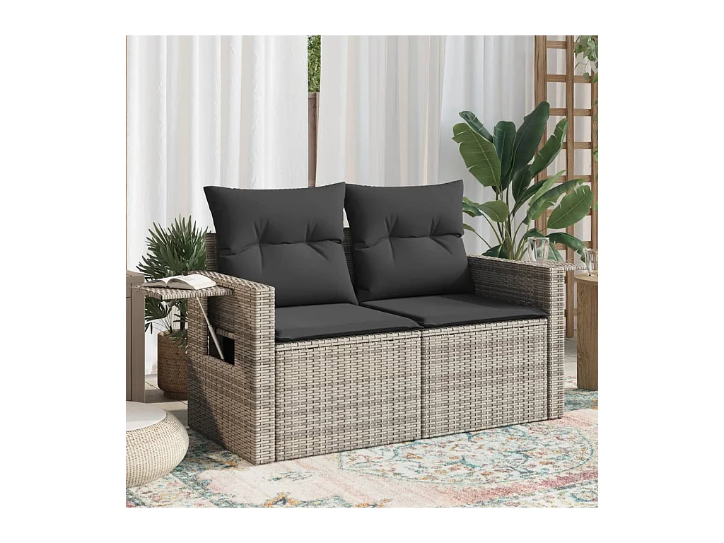 Gartensofa 2-Sitzer mit Kissen Grau Poly Rattan