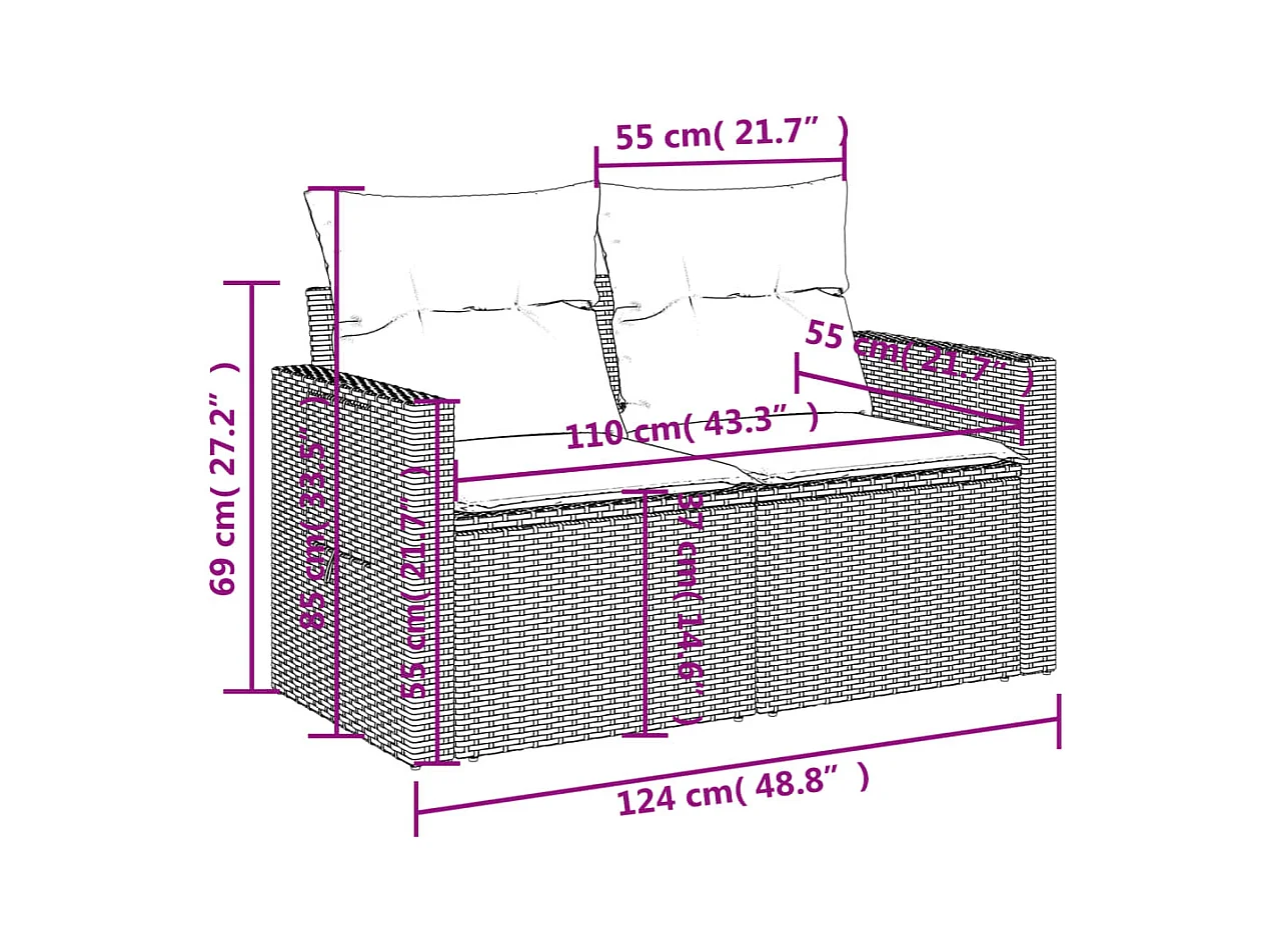 Gartensofa 2-Sitzer mit Kissen Grau Poly Rattan