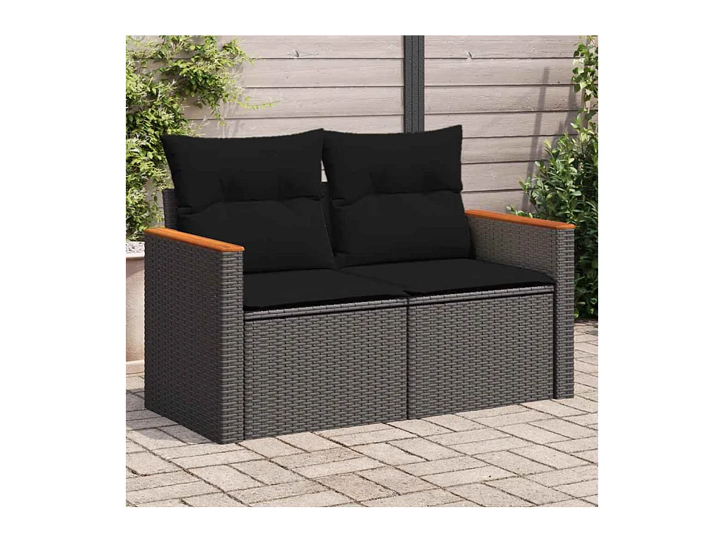 Gartensofa mit Kissen 2-Sitzer Schwarz Poly Rattan