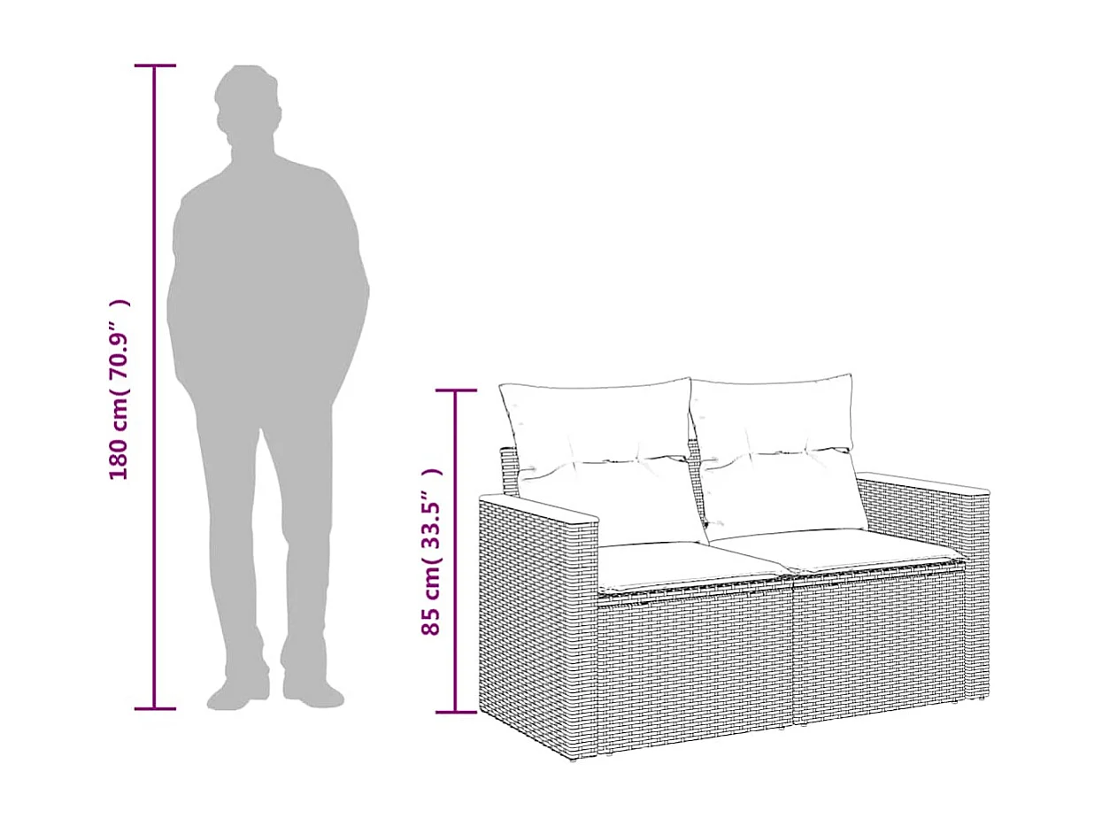 Divano da giardino con cuscini 2 posti nero in polyrattan