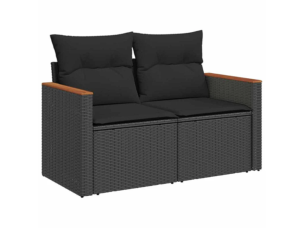 Tuinbank met kussens 2-zits zwart poly rattan