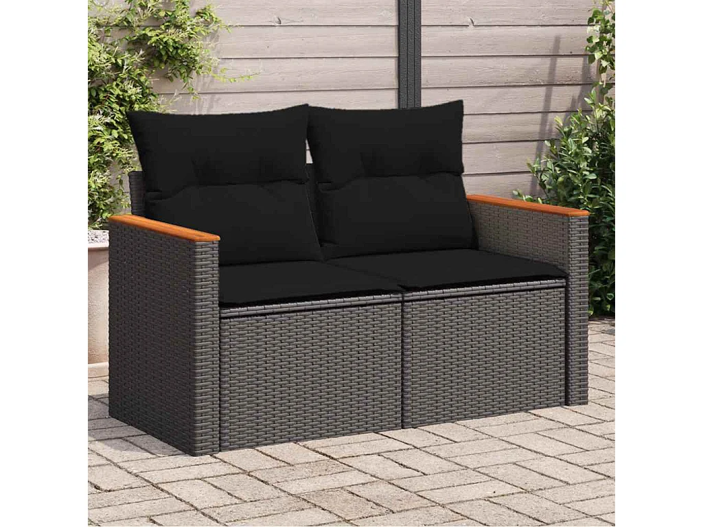 Tuinbank met kussens 2-zits zwart poly rattan