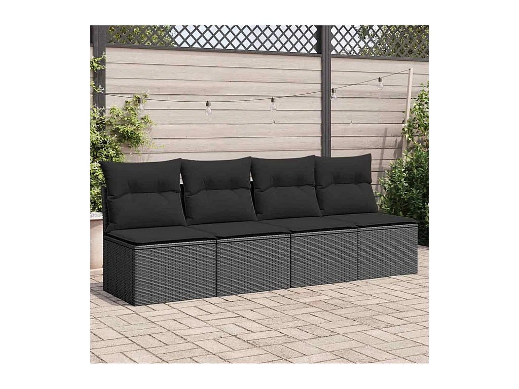 Divano da Giardino con Cuscini a 4 Posti Nero in Polyrattan
