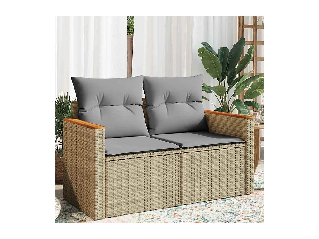 Gartensofa mit Kissen 2-Sitzer Beige Poly Rattan