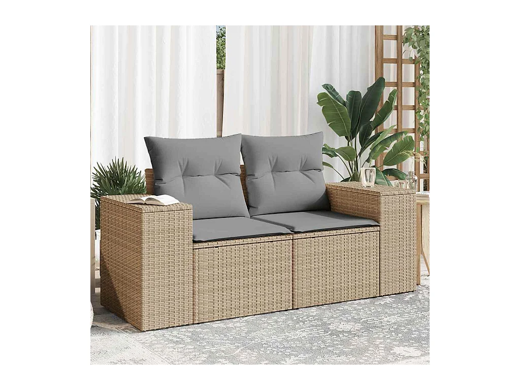 Gartensofa mit Kissen 2-Sitzer Beige Poly Rattan
