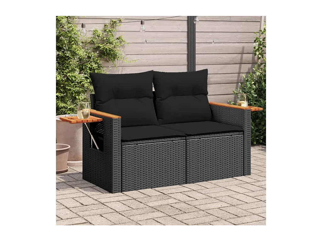 Divano da Giardino con Cuscini a 2 Posti Nero in Polyrattan