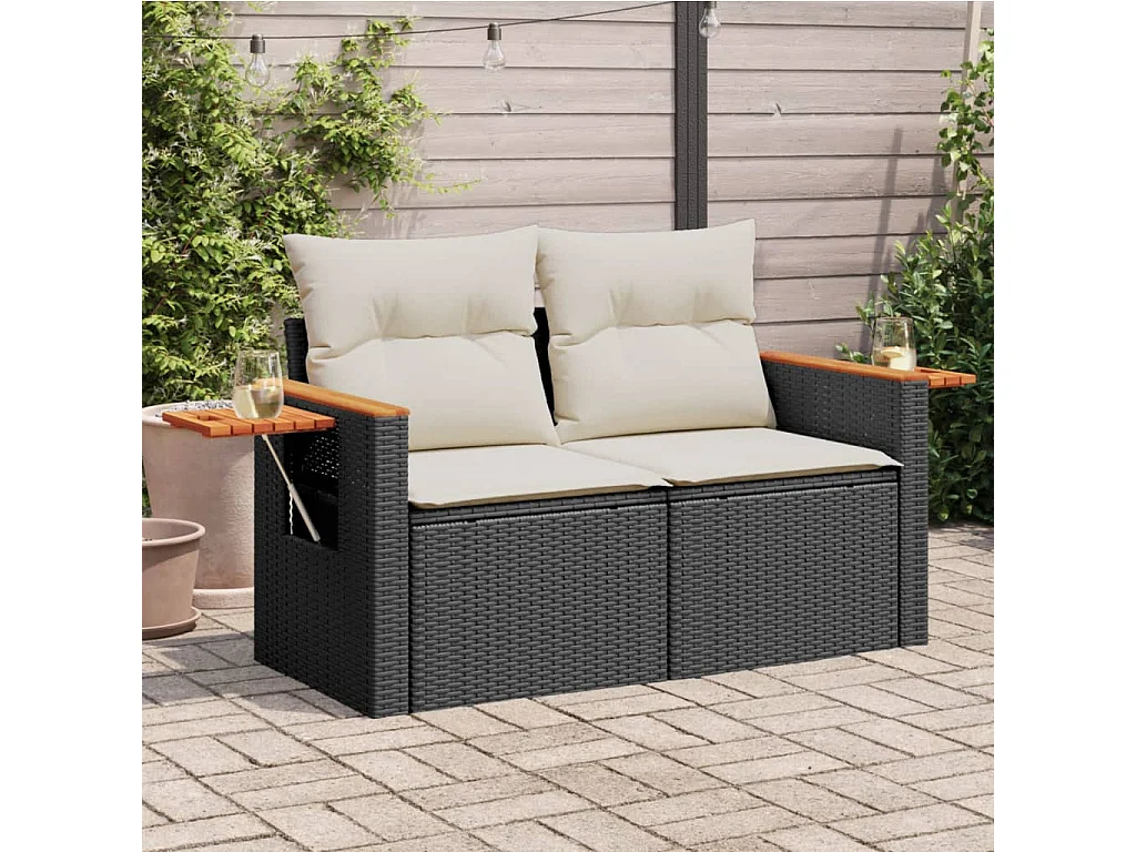 Divano da Giardino con Cuscini a 2 Posti Nero in Polyrattan