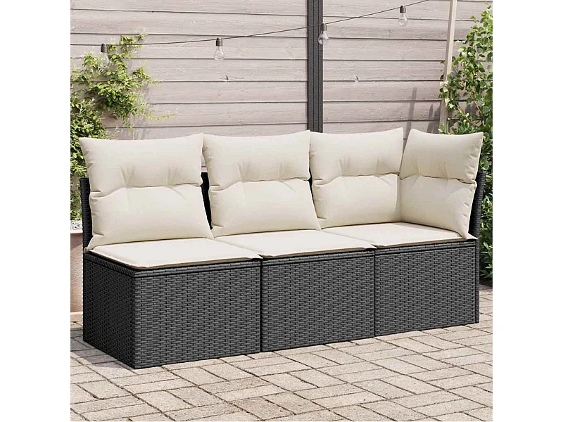 Gartensofa mit Kissen 3-Sitzer Schwarz Poly Rattan