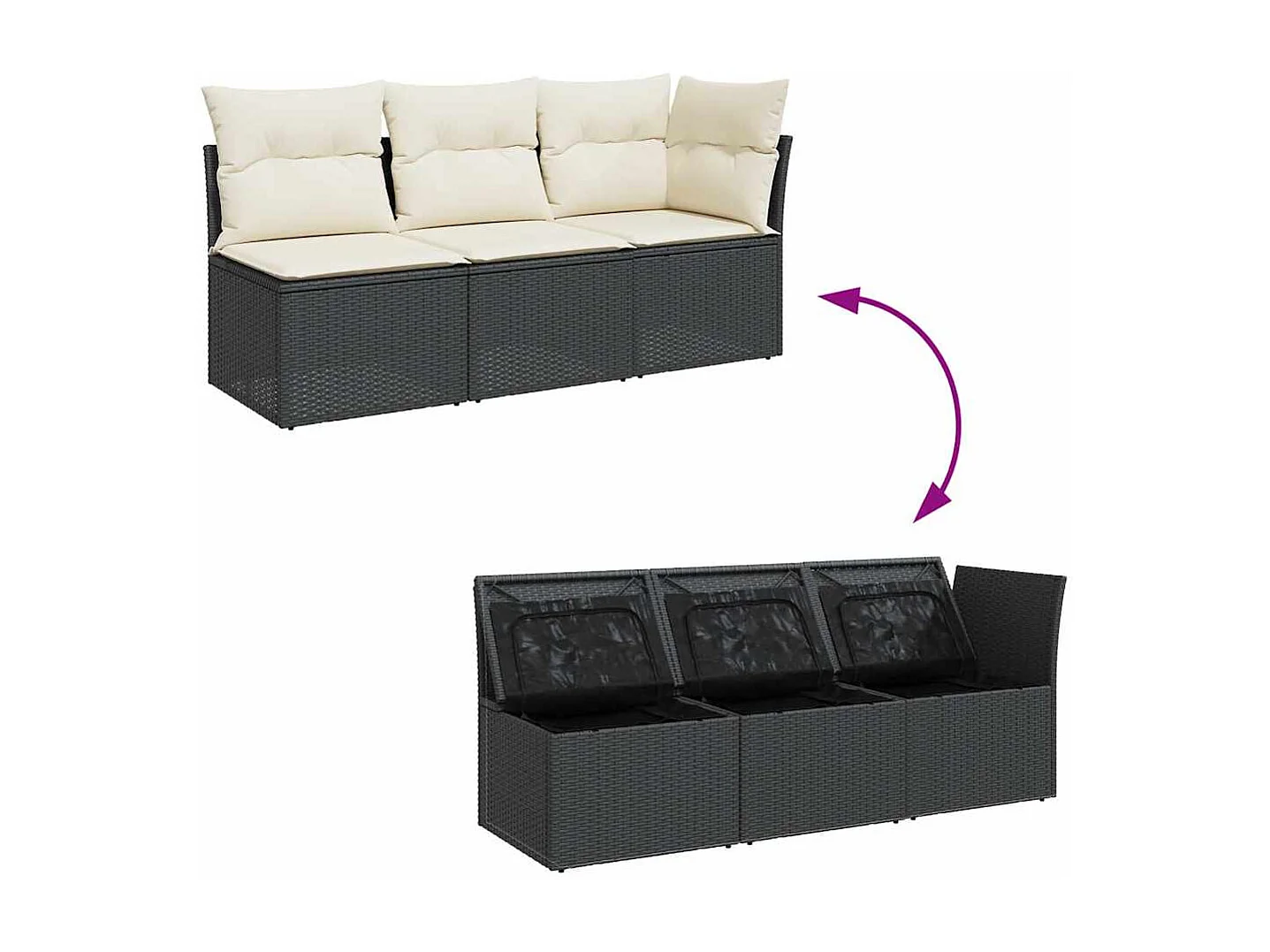 Tuinbank 3-zits met kussens poly rattan zwart