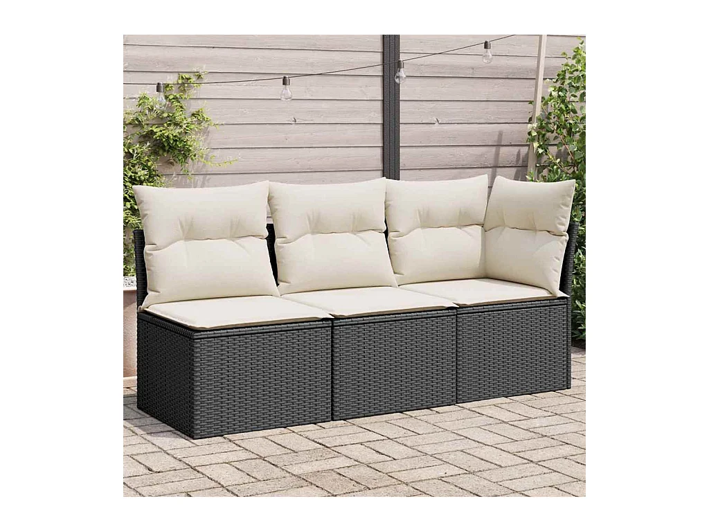 Divano da Giardino a 3 Posti con Cuscini Nero in Polyrattan