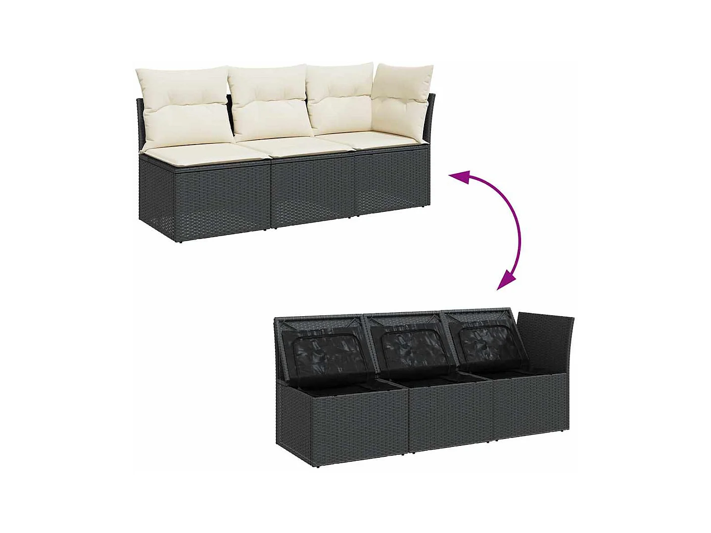 Canapé de jardin avec coussins 3 places noir résine tressée