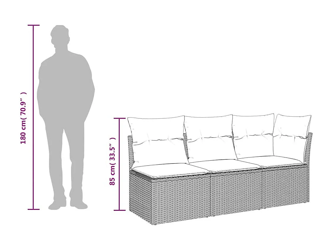 Tuinbank 3-zits met kussens poly rattan zwart