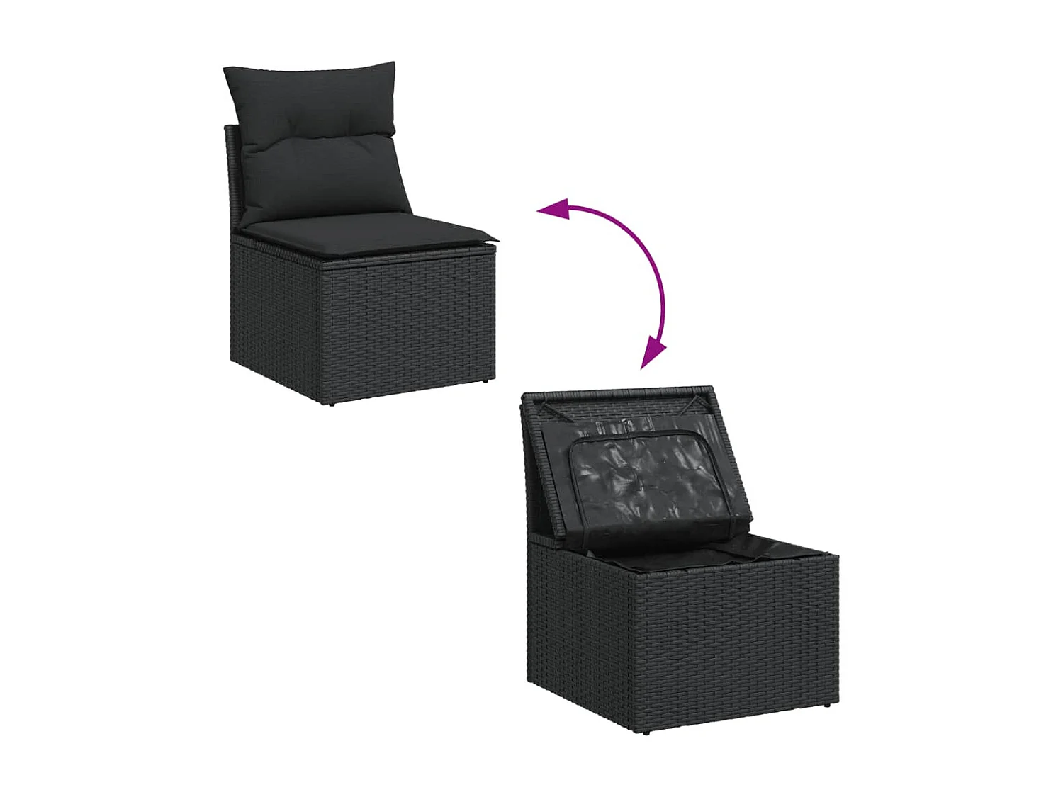 Chaise de jardin sans accoudoirs avec coussins en polyrotin noir