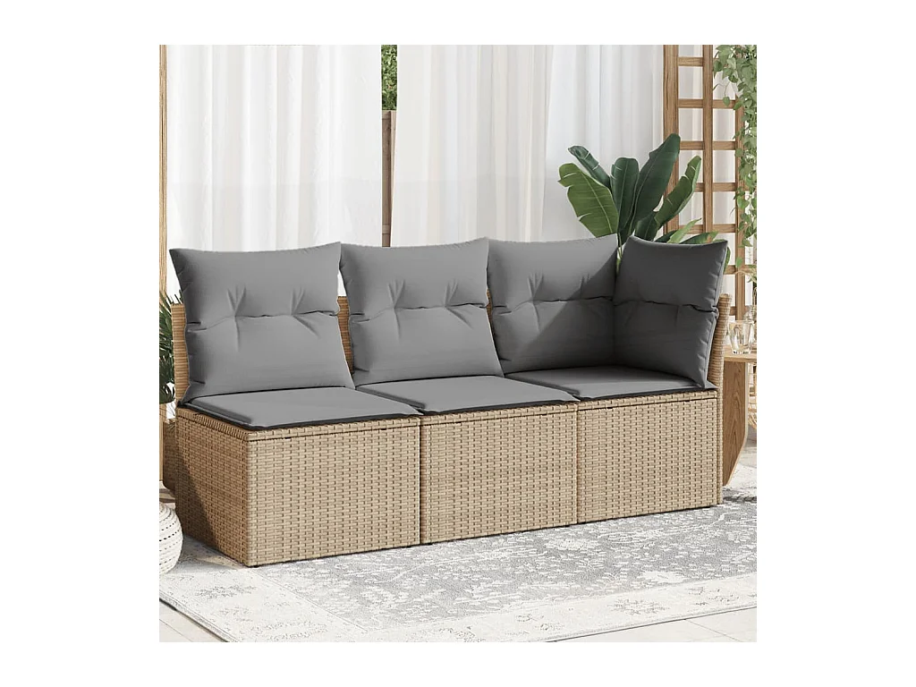Gartensofa mit Kissen 3-Sitzer Beige Poly Rattan