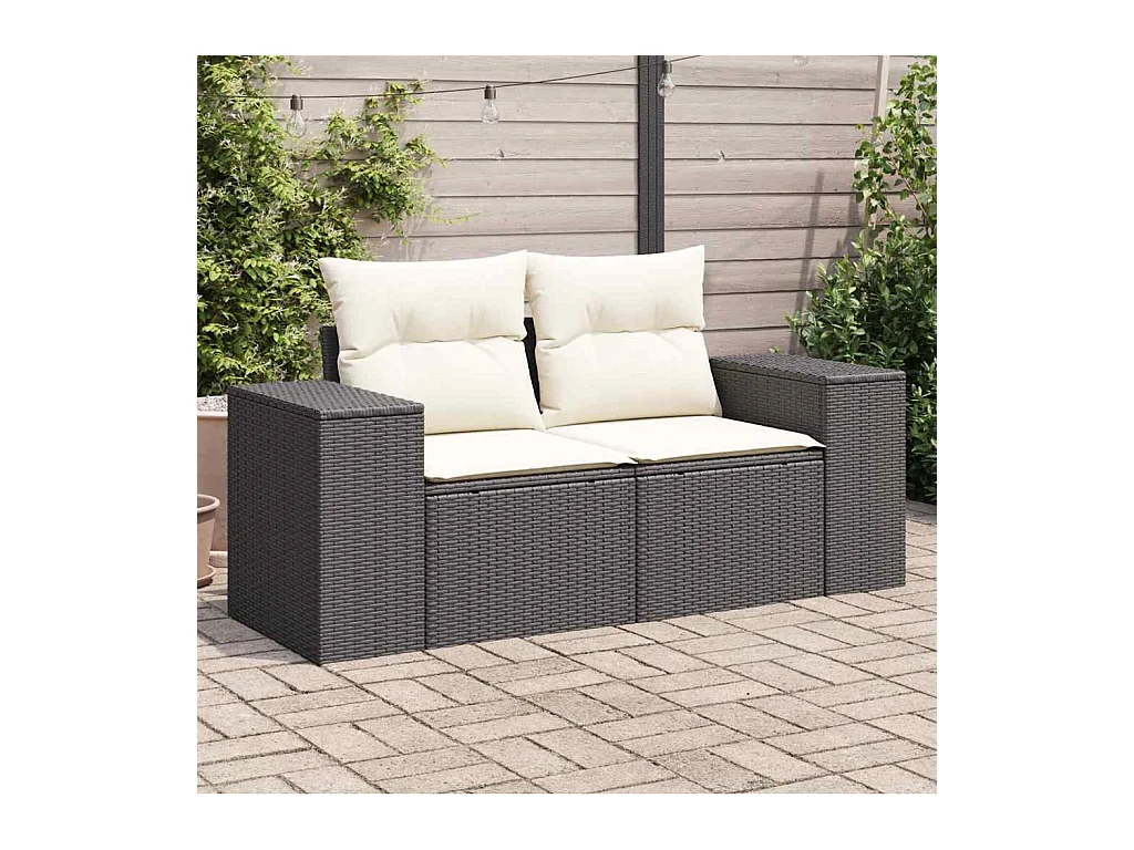 Divano da Giardino con Cuscini a 2 Posti Nero in Polyrattan