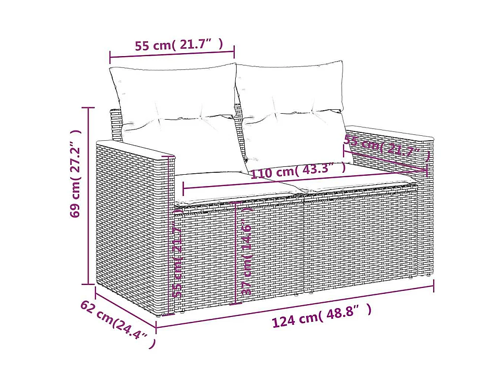 Canapé de jardin 2 places avec coussins gris résine tressée