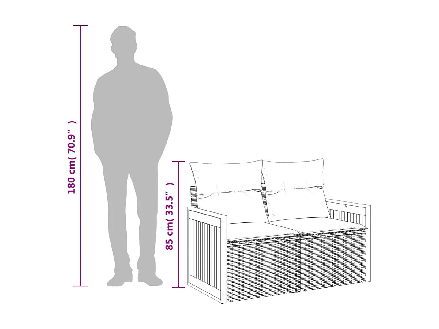 Tuinbank 2-zits met kussens poly rattan grijs