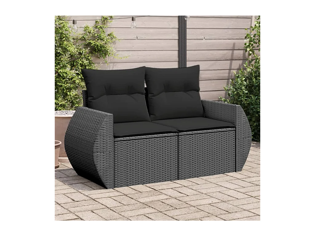 Divano da Giardino con Cuscini a 2 Posti Nero in Polyrattan
