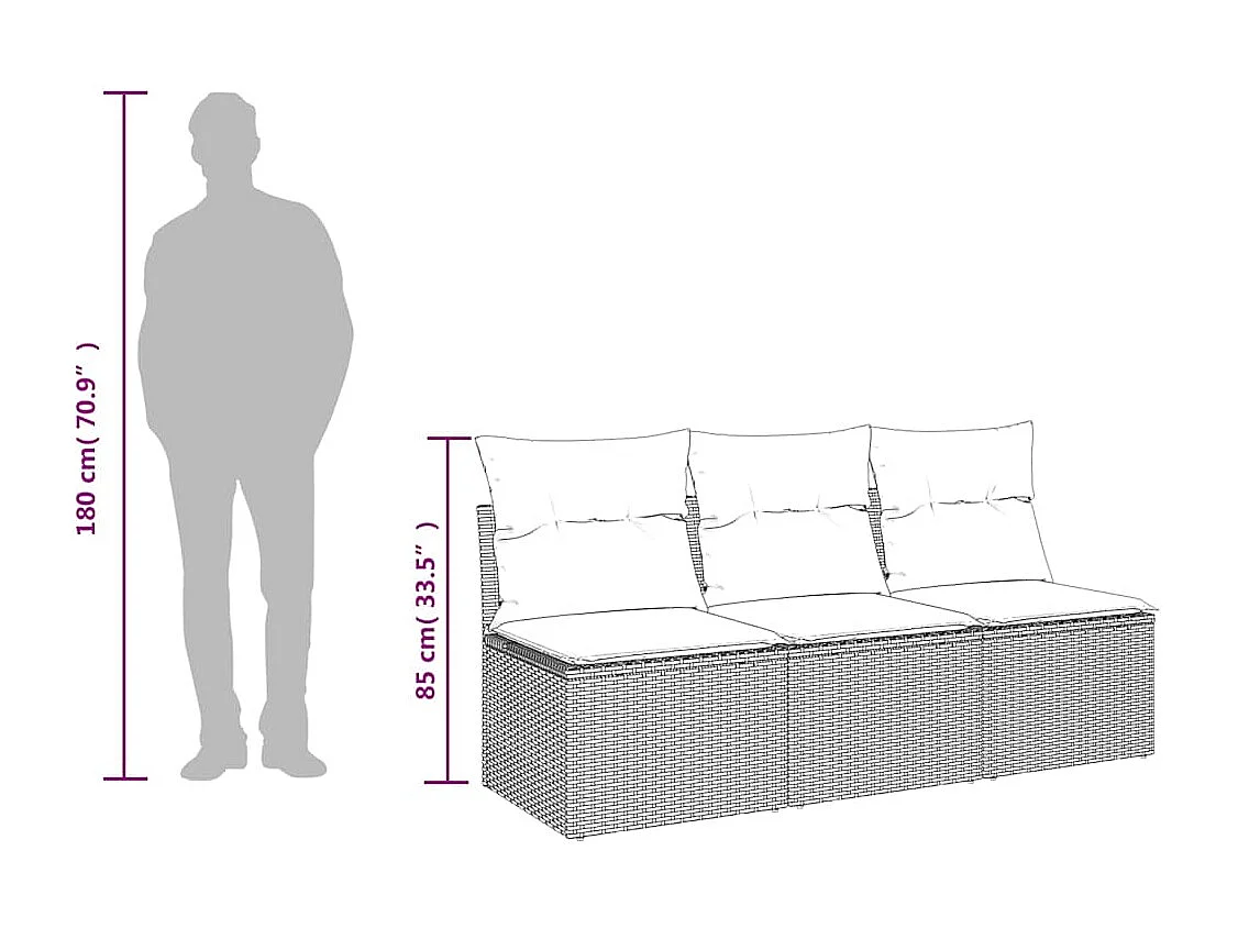 Tuinbank met kussens 3-zits zwart poly rattan