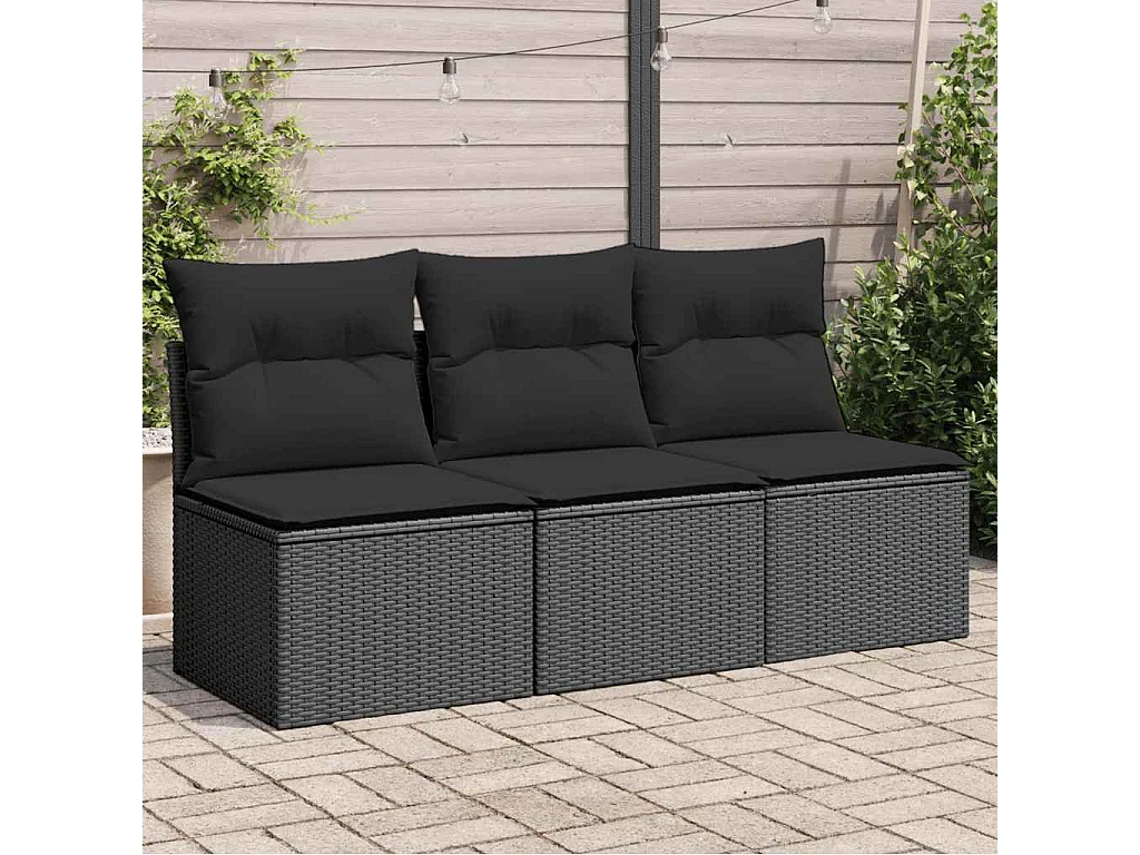 Canapé de jardin avec coussins 3 places en polyrotin noir