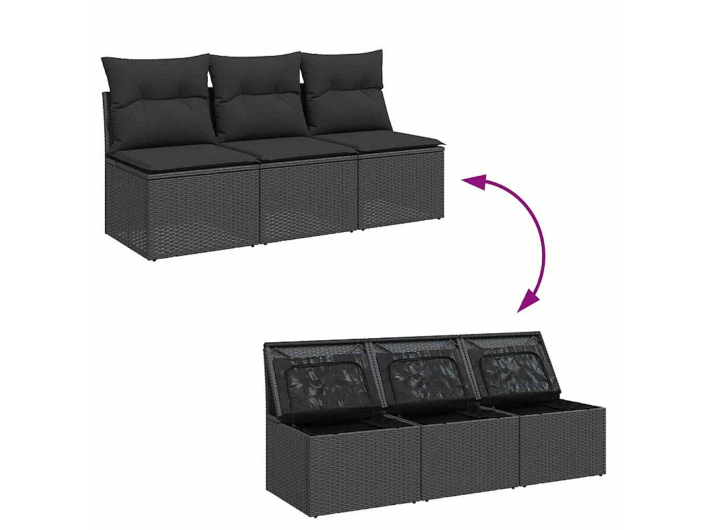 Sofá de jardim com almofadas, 3 lugares, vime sintético preto