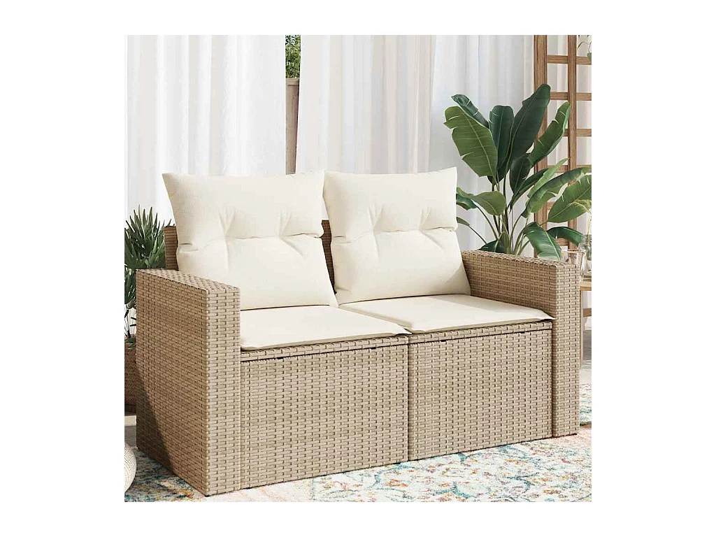 Gartensofa mit Kissen 2-Sitzer Beige Poly Rattan