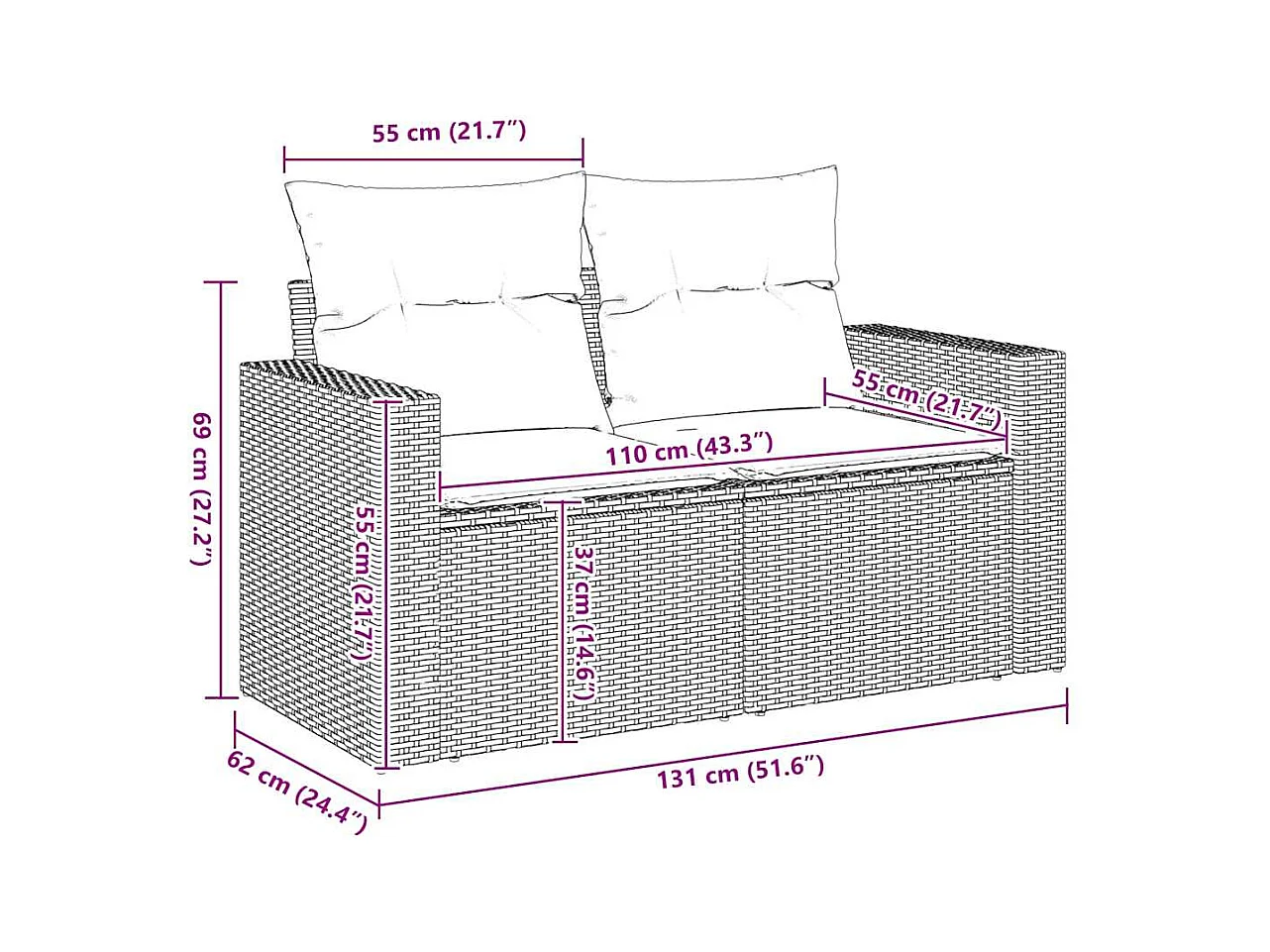 Gartensofa mit Kissen 2-Sitzer Beige Poly Rattan
