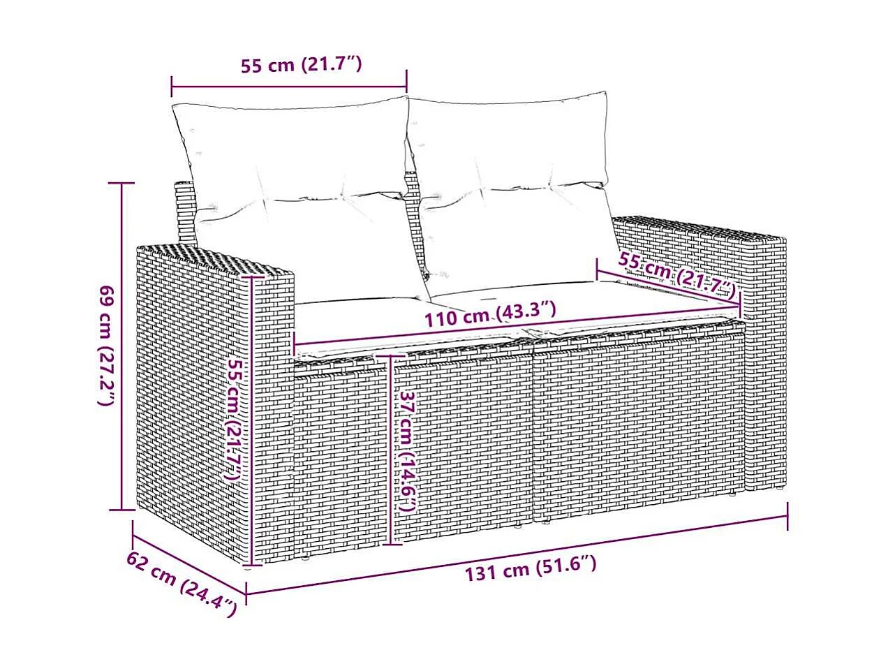 Canapé de jardin avec coussins 2 places beige résine tressée