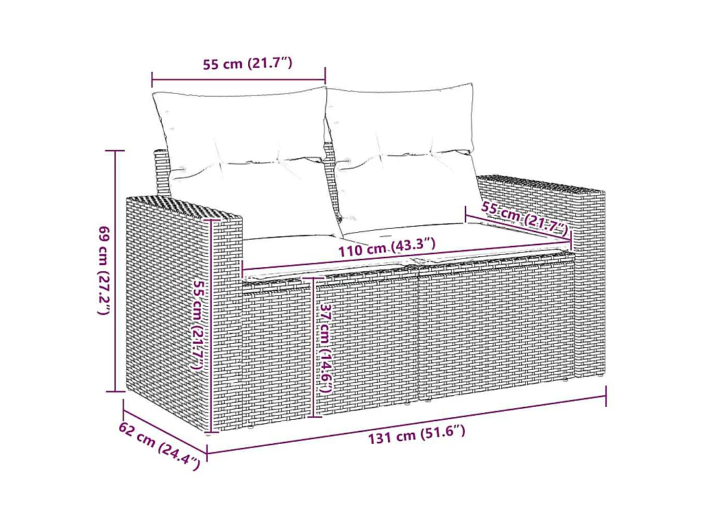 Canapé de jardin avec coussins 2 places beige résine tressée
