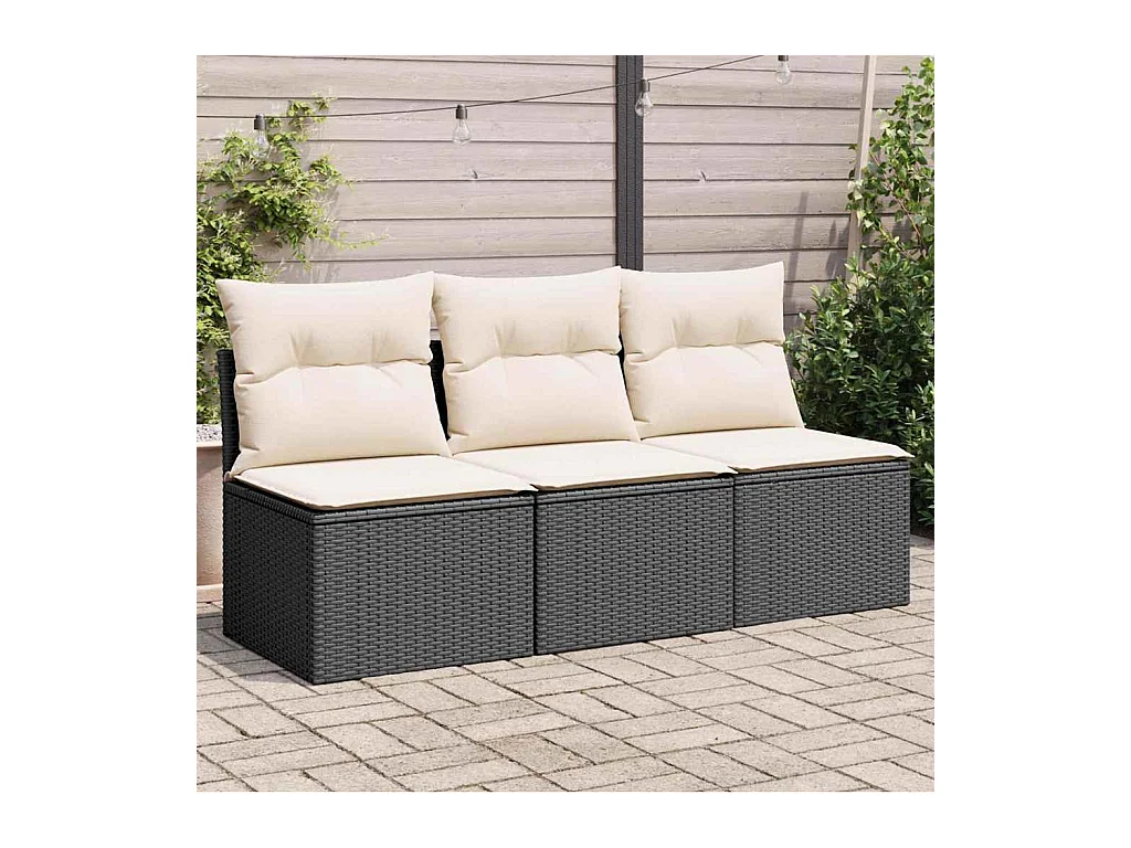 Divano da Giardino a 3 Posti con Cuscini Nero in Polyrattan
