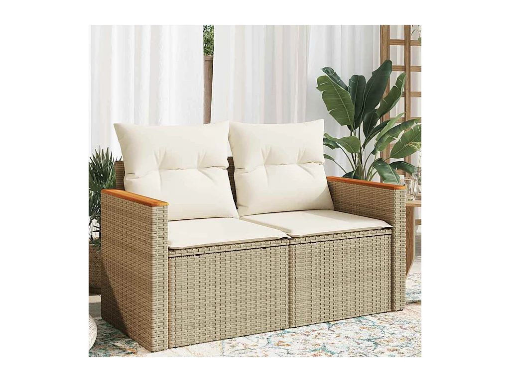 Tuinbank 2-zits met kussens poly rattan beige