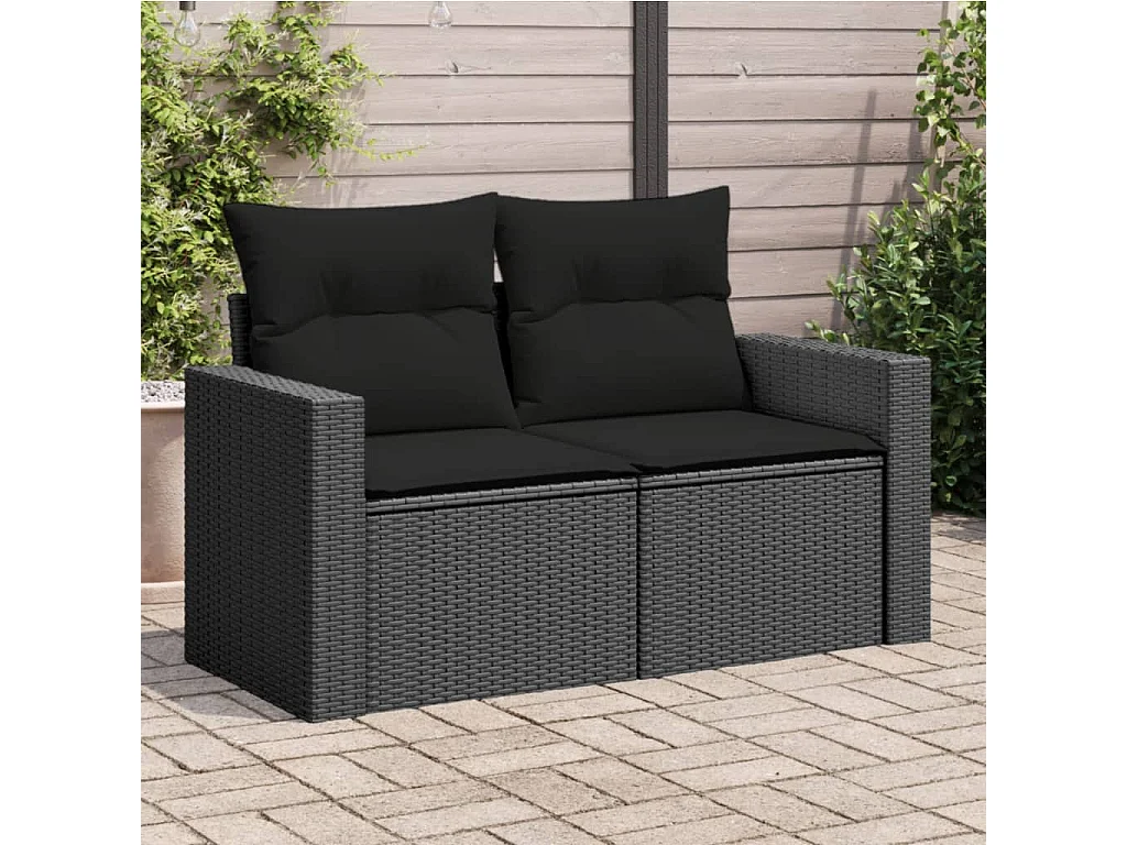 Gartensofa mit Kissen 2-Sitzer Schwarz Poly Rattan