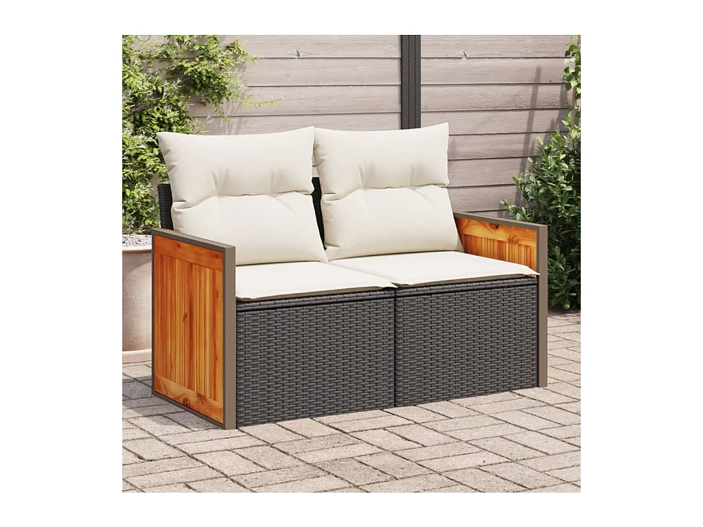 Divano da Giardino con Cuscini a 2 Posti Nero in Polyrattan