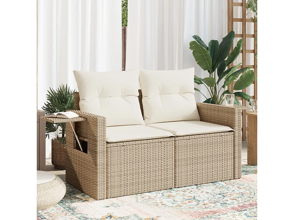 Tuinbank 2-zits met kussens poly rattan beige