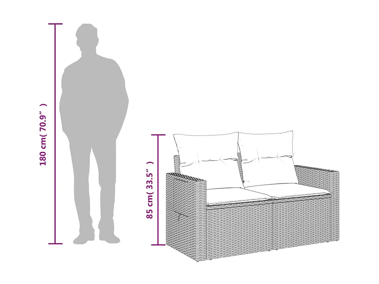 Tuinbank 2-zits met kussens poly rattan beige