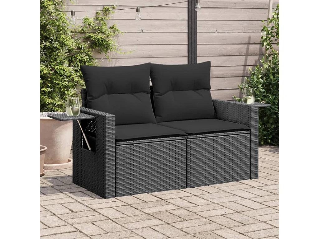 Tuinbank 2-zits met kussens poly rattan zwart