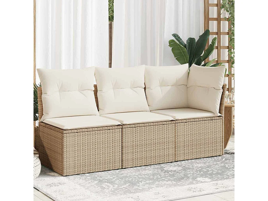 Gartensofa mit Kissen 3-Sitzer Beige Poly Rattan