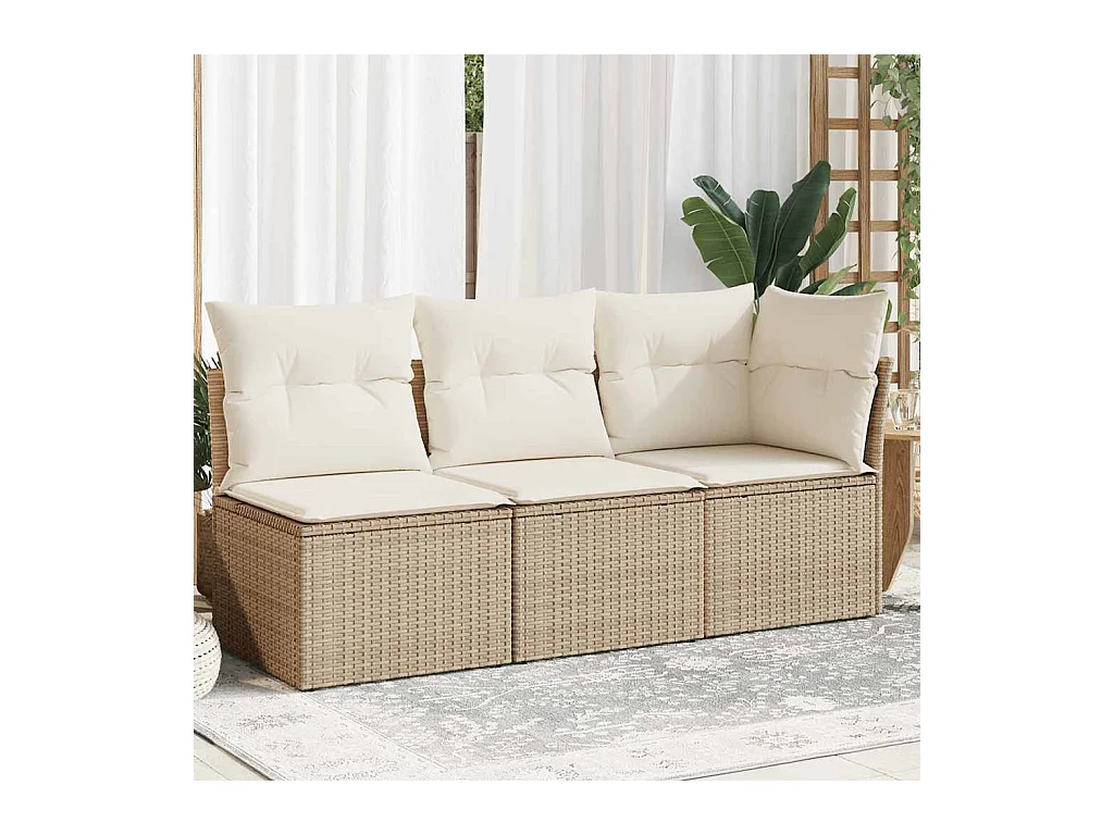 Tuinbank 3-zits met kussens poly rattan beige