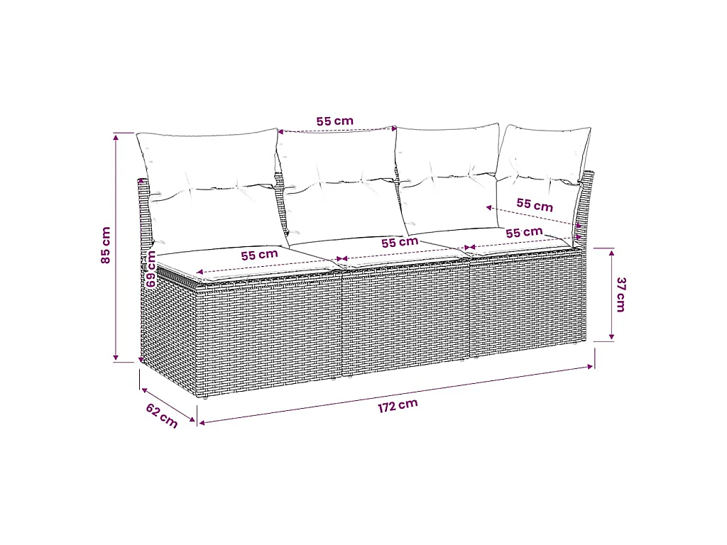 Gartensofa mit Kissen 3-Sitzer Beige Poly Rattan
