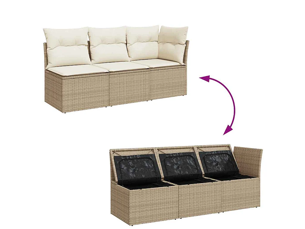 Gartensofa mit Kissen 3-Sitzer Beige Poly Rattan