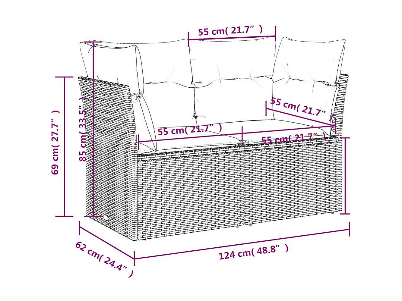 Canapé de jardin avec coussins 2 places beige résine tressée