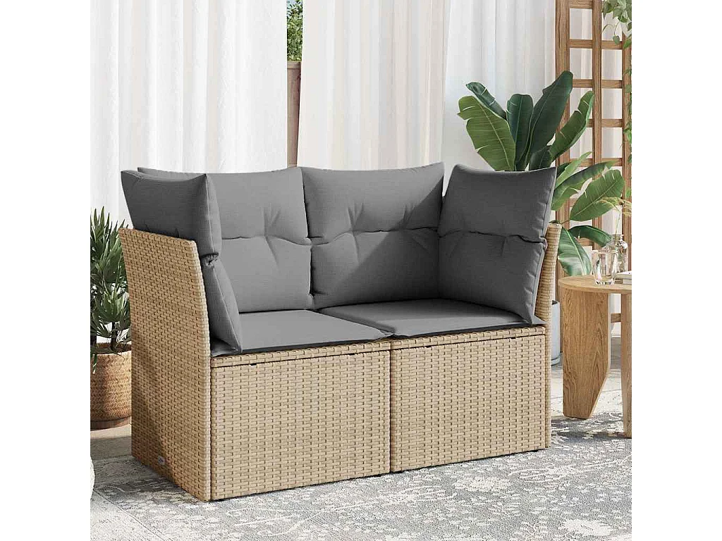 Canapé de jardin avec coussins 2 places beige résine tressée