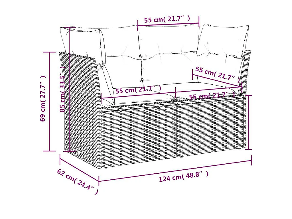 Canapé de jardin avec coussins 2 places beige résine tressée