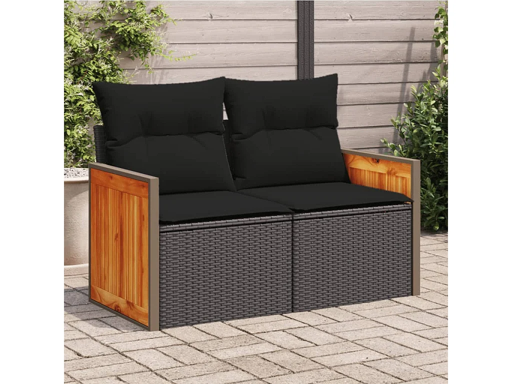 Divano da Giardino con Cuscini a 2 Posti Nero in Polyrattan